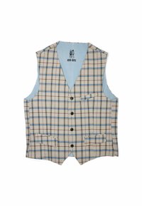 Gepufferte Weste mit einem hellblauen Futter auf der Rückseite. Ein Karomuster in Beige, Blau und Braun mit sechs schwarzen Knöpfen und zwei Fronttaschen.