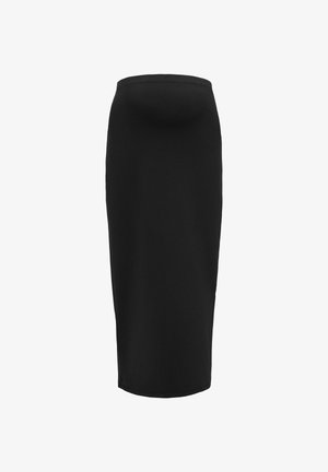 Lang sort graviditetsnederdel med elastisk talje, designet til at passe over maven, vist på hvid baggrund.