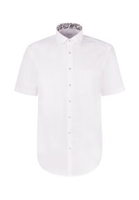 Chemise blanche à manches courtes avec boutons sur le devant, une poche poitrine et un détail floral à l'intérieur du col, présentée sur un fond blanc uni.