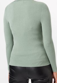 Green ribbed sweater with long sleeves and a fitted design. Made from a textured knit material, paired with black pants for contrast.