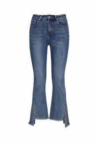 Jeans svasati in denim blu scuro. Presentano spacchi laterali all'orlo con dettagli ricamati colorati. Design classico a cinque tasche.