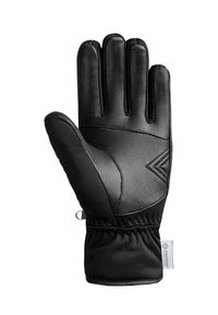 Black gloves featuring a leather palm, fabric backing, and elastic cuff. Notable details include a textured design and a small tag on the side.