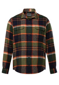 Camicia di flanella a quadri con una miscela di colori verde, arancione, blu navy e marrone; include due tasche sul petto, chiusura con bottoni e maniche lunghe.