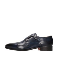 Scarpa in pelle blu navy con punta affilata, cinturini a doppia fibbia e tacco nero basso. Texture liscia con una sottile trama.