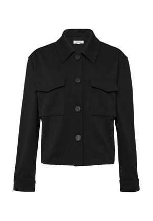Black cropped jacket with a collared neckline, two chest pockets, and button closures. Made from a soft, lightweight fabric.