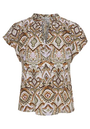 Blouse à manches courtes en tissu à motifs dans des tons chauds de brun, vert et crème, avec un col noué et une coupe décontractée.