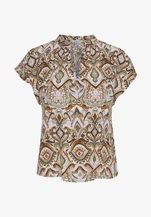 Blouse à manches courtes en tissu à motifs dans des tons chauds de brun, vert et crème, avec un col noué et une coupe décontractée.