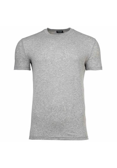 T-shirt gris à manches courtes avec col rond, design uni et une petite étiquette de marque visible au niveau du col.