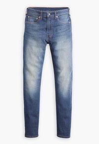 Jean en denim bleu moyen, avec une finition délavée, un design classique à cinq poches, des ferrures en cuivre et une coupe droite.