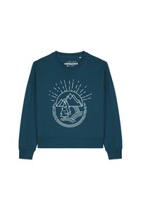 Teal sweatshirt met een ronde grafiek van bergen, een boom en golven in witte lijntekening. Ronde hals, lange mouwen, ribgebreide zoom.