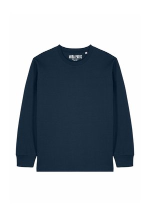 Camiseta de manga larga de algodón azul marino con cuello redondo, puños acanalados y etiqueta "MIRA PARIS" en el interior del cuello.