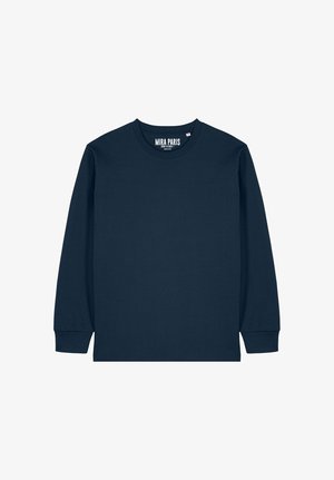 Camiseta de manga larga de algodón azul marino con cuello redondo, puños acanalados y etiqueta "MIRA PARIS" en el interior del cuello.