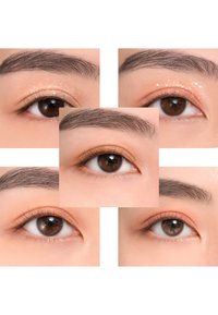 Gros plan de cinq yeux montrant des nuances variées d'ombre à paupières : orange doux et accents de paillettes. Peau lumineuse et lisse autour des yeux.