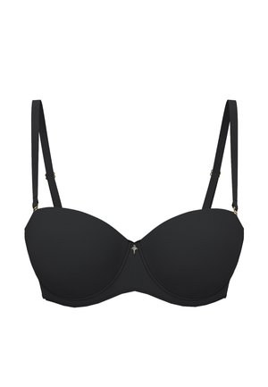 Reggiseno nero imbottito con ferretto, spalline regolabili, texture liscia e dettagli in metallo dorato. Presenta un'ornamentazione sottile al centro.
