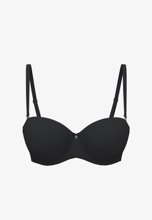 Soutien-gorge noir rembourré avec armatures, bretelles réglables, texture lisse et détails en métal doré. Présente une discrète ornementation centrale.