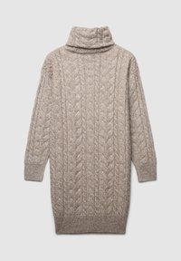 Vestito maglione beige a maglia cablata con colletto alto piegato e maniche lunghe. Presenta un motivo texture e polsini e orlo a coste.