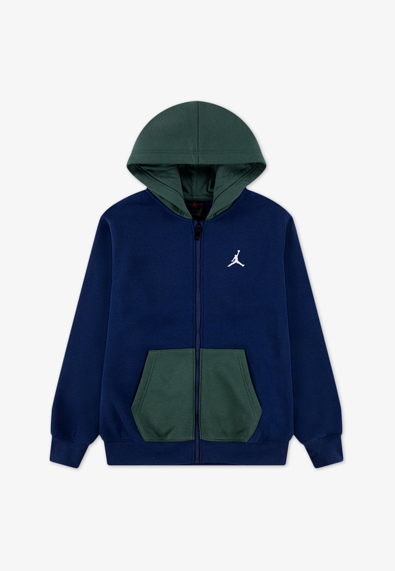 Zipsová mikina s námorníčko modrým telom a zelenou kapucňou. Obsahuje klokanie vrecká, rebrované manžety a biele logo na hrudi.