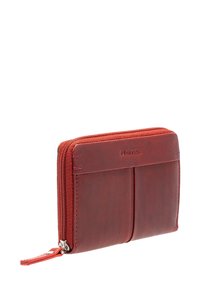 Red leather wallet with a zip closure, card slots on the front, smooth texture, and subtle embossed branding on the surface.