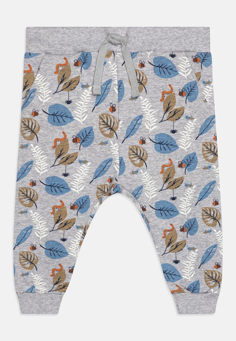 Pantalon de jogging gris avec un motif inspiré de la nature comprenant des feuilles colorées, des insectes et une taille à cordon de serrage pour un ajustement réglable.