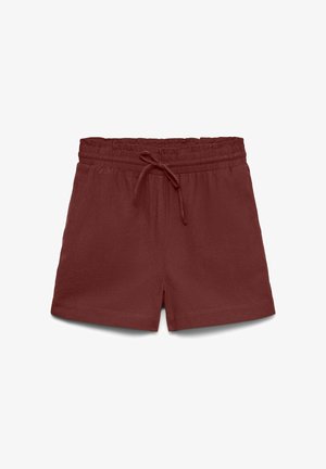 Pantalones cortos de cintura elástica color granate con cordón frontal, extendidos sobre un fondo blanco.