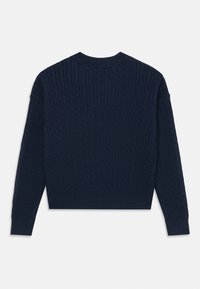Dunkelblaue Strickjacke mit strukturiertem Zopfmuster, gerippten Bündchen und Saum. Rundhalsausschnitt-Design mit langen Ärmeln und unifarbenem Rücken.