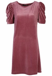 Rosa geripptes Kleid mit kurzen, gerafften Puffärmeln und einem runden Ausschnitt. Hergestellt aus weichem Stoff mit einem sanften Glanz, das über dem Knie endet.