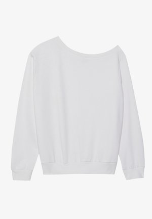 Hvit langermet sweatshirt med løs off-shoulder hals, ribbede mansjetter og samlet kant, laget av mykt stoff.