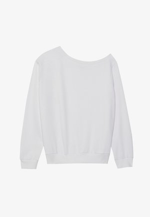 Sweatshirt alb cu mânecă lungă, cu un decolteu lejer, pe umăr, cu manșete ribben și margine gathered, dintr-un material moale.