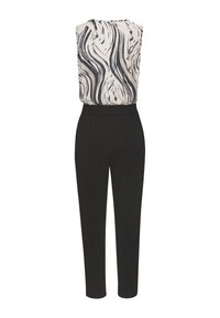 Mouwloze jumpsuit met een zwart-wit golvend patronenbovenstuk en zwarte taps toelopende cargo's; beschikt over een elastische tailleband voor comfort.