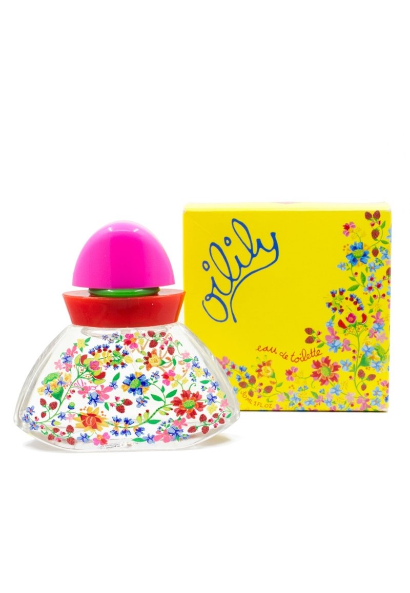 Helder glazen parfumfles met bloemenmotief, rode basis, roze koepelkap. Gele doos met kleurrijke bloemenpatronen en merknaam.