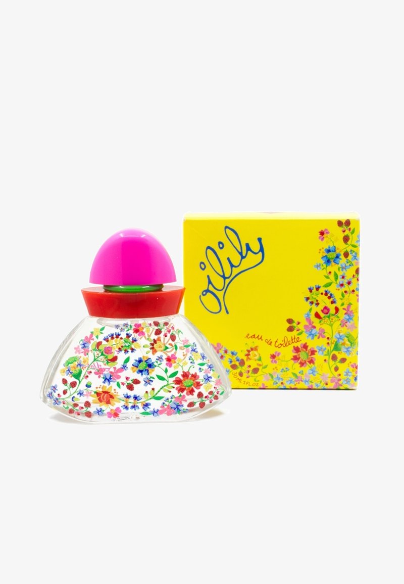 Bouteille de parfum en verre clair avec un design floral, base rouge, capuchon en forme de dôme rose. Boîte jaune présentant des motifs floraux colorés et le nom de la marque.