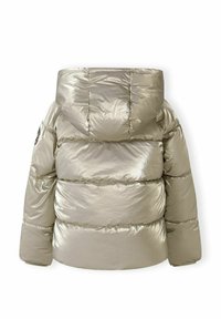 Metallic silver pufferjacka med huva. Har kviltade sektioner, en slät yta och en logotypapplikation på vänster axel.