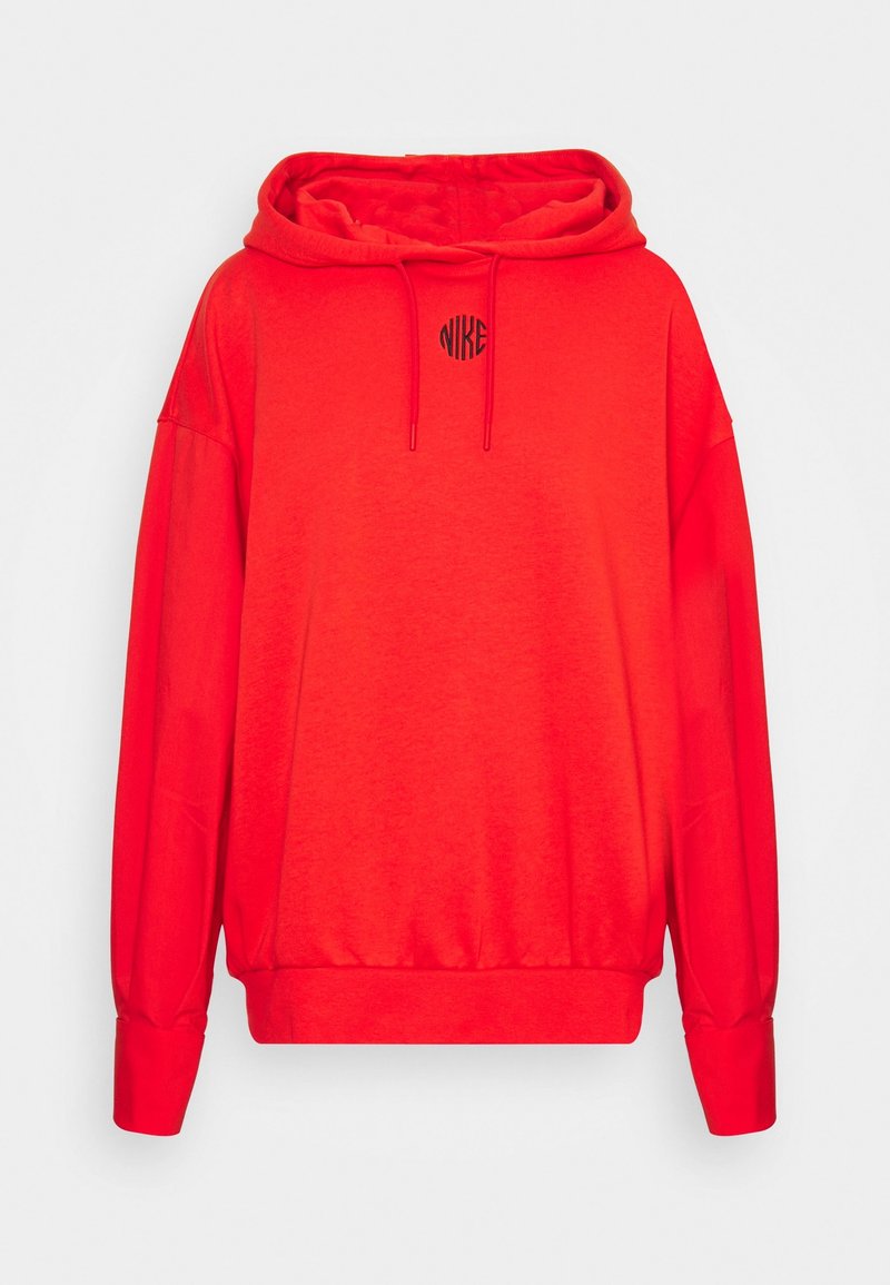 Sudadera roja con capucha y cordón, que presenta un logo negro de "Nike" en el pecho. Hecha de una tela suave, con mangas largas y puños de canalé.