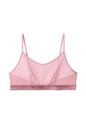Bralette rose clair transparent avec fines bretelles et logo Calvin Klein sur la bande élastique en velours en bas.