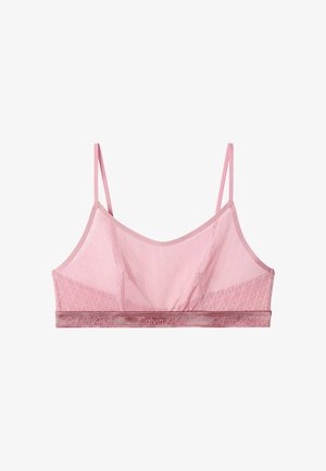 Bralette rose clair transparent avec fines bretelles et logo Calvin Klein sur la bande élastique en velours en bas.