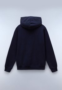 Navyblauwe hoodie, gemaakt van zachte stof, met lange mouwen en geribbelde manchetten. Bevat een buidelzak en heeft een relaxte pasvorm.