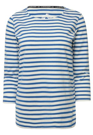 Maglia a maniche lunghe a righe caratterizzata da colori blu e bianchi, scollatura rotonda, materiale in cotone morbido e una banda con logo sul colletto.