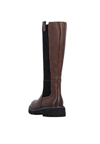 Brown leather knee-high boot with black elastic side panels, rounded toe, and textured rubber sole. Features a pull tab at the top.