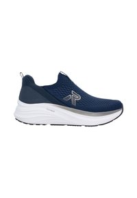 Chaussure de sport bleu marine à enfiler avec tige en maille respirante, languettes, semelle blanche coussinée étiquetée "foamtech" et logo réfléchissant sur le côté.