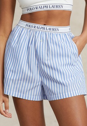 Pantalones cortos a rayas azules y blancas con una cintura elástica que presenta la marca 'POLO RALPH LAUREN', fabricados en algodón y con bolsillos laterales.
