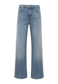 Light blue wide-leg jeans made of denim featuring side stripes in pink and blue. Classic five-pocket design with a button closure.