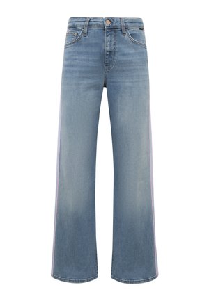 Light blue wide-leg jeans made of denim featuring side stripes in pink and blue. Classic five-pocket design with a button closure.