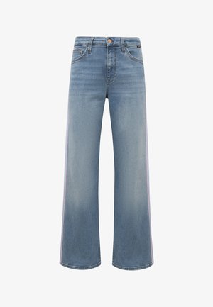 Hellblaue Jeans mit weitem Bein aus Denim, versehen mit seitlichen Streifen in Pink und Blau. Klassisches Fünf-Taschen-Design mit Knopfverschluss.