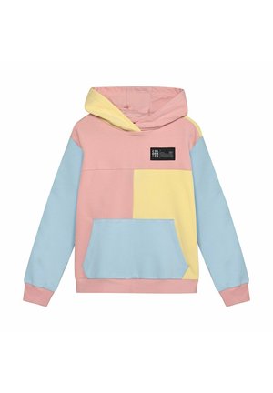 Kinderkapuzenpullover mit pastellrosa, gelben und blauen Farbfeldern, Fronttasche und einem schwarzen Etikett auf der Brust.