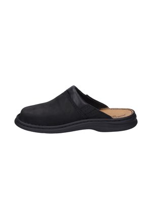 Black leather clogs with a smooth finish, cushioned insole, and stitched detailing along the upper edge. Lightweight rubber sole.