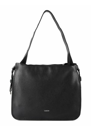 Schwarze Leder-Umhängetasche mit langem Riemen, rechteckiger Form, dezent strukturierter Oberfläche und kleinem "Gabor"-Logo mittig in der Nähe des Bodens.
