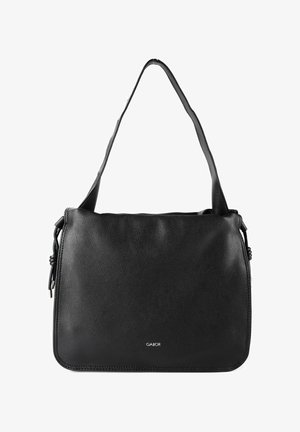 Schwarze Leder-Umhängetasche mit langem Riemen, rechteckiger Form, dezent strukturierter Oberfläche und kleinem "Gabor"-Logo mittig in der Nähe des Bodens.