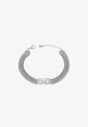 Srebrna bransoletka łańcuszkowa z plecionym wzorem, z prostokątnym zapięciem ozdobionym przezroczystymi kamieniami. Regulowana linka łańcuszka do dostosowania rozmiaru.