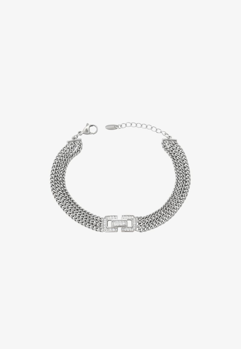Stříbrný náramek s pleteným designem, který má obdélníkovou sponu ozdobenou čirými kamínky. Řetízek je nastavitelný pro velikost.