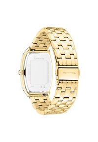 Goldfarbene Armbanduhr mit rechteckigem Gehäuse, Edelstahlband und polierter Oberfläche. Zu den Funktionen gehören eine Schließe und eine Wasserdichtigkeit.